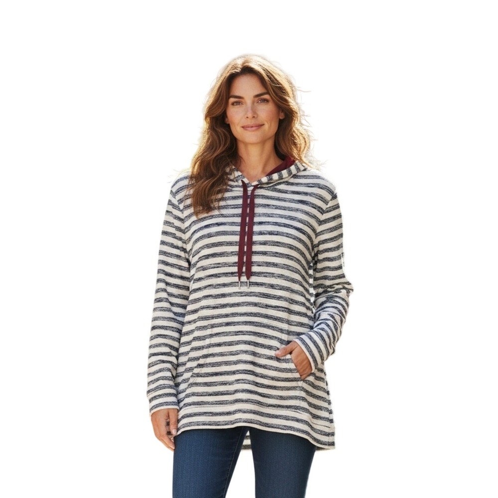 Market & Spruce Womens Striped Knit Pullover Hoodie Navy‎ Cream Size Medium